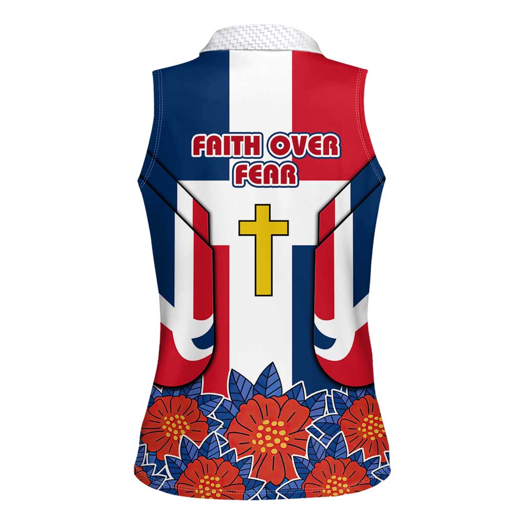 Dominican Republic Flag Women Sleeveless Polo Shirt with Cross and Floral Design Red Blue Pattern - Wonder Print Shop