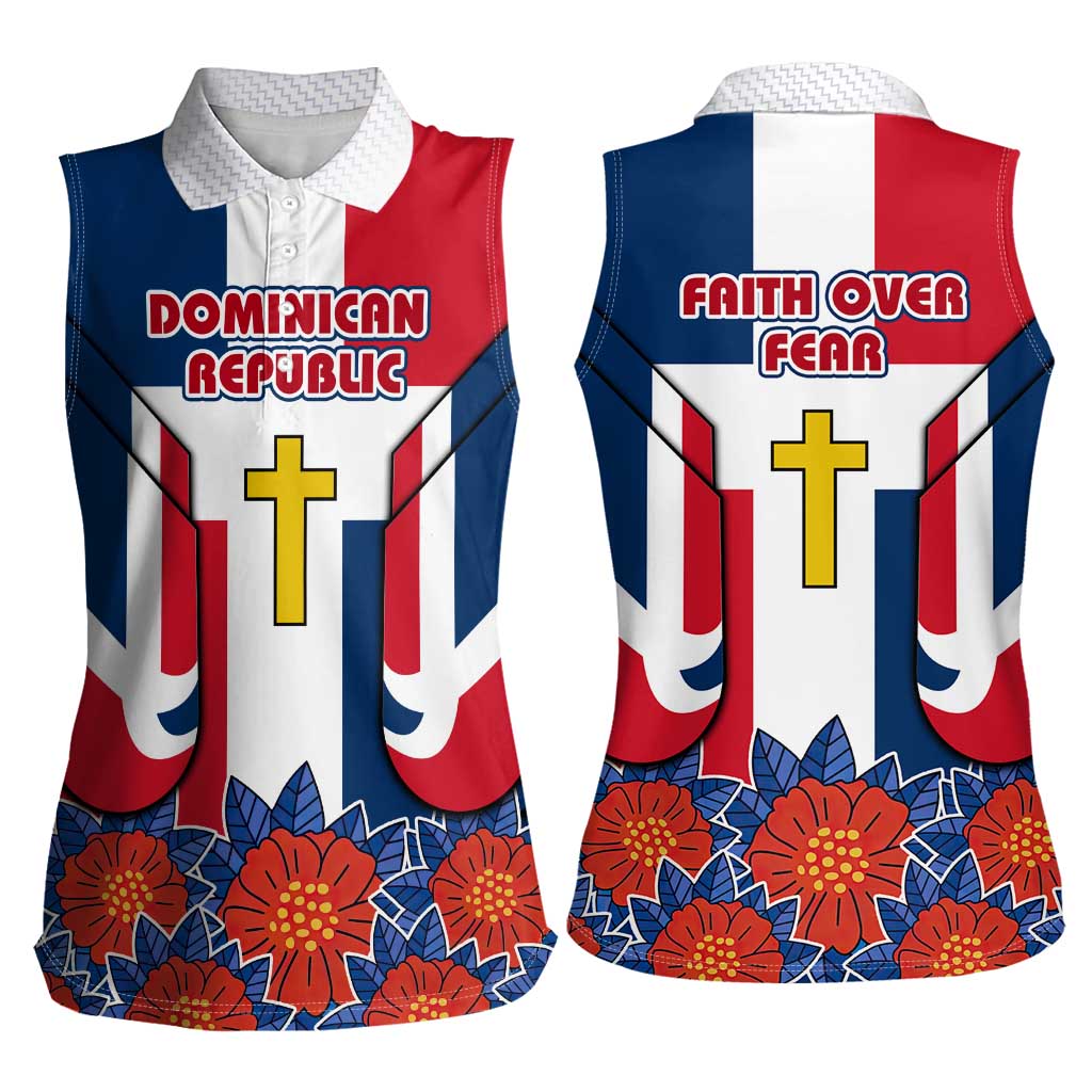 Dominican Republic Flag Women Sleeveless Polo Shirt with Cross and Floral Design Red Blue Pattern - Wonder Print Shop