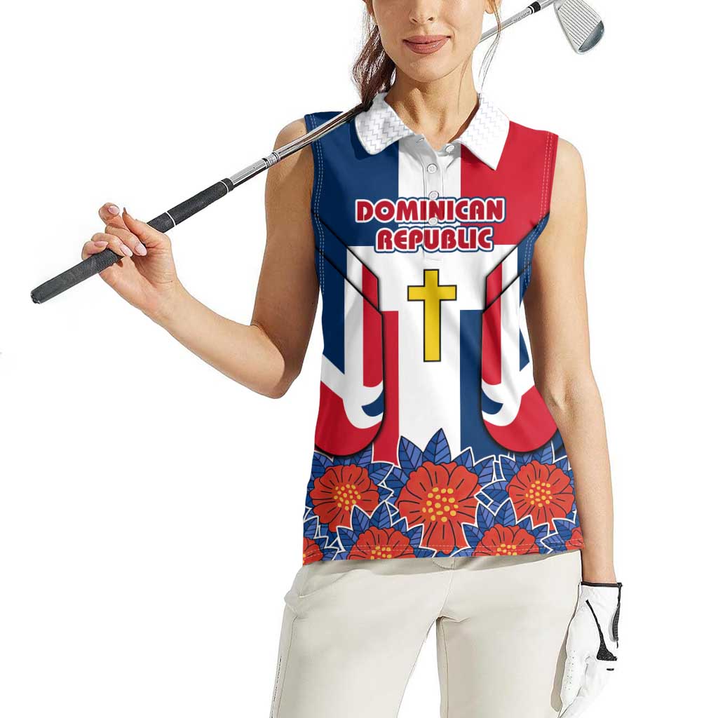 Dominican Republic Flag Women Sleeveless Polo Shirt with Cross and Floral Design Red Blue Pattern - Wonder Print Shop
