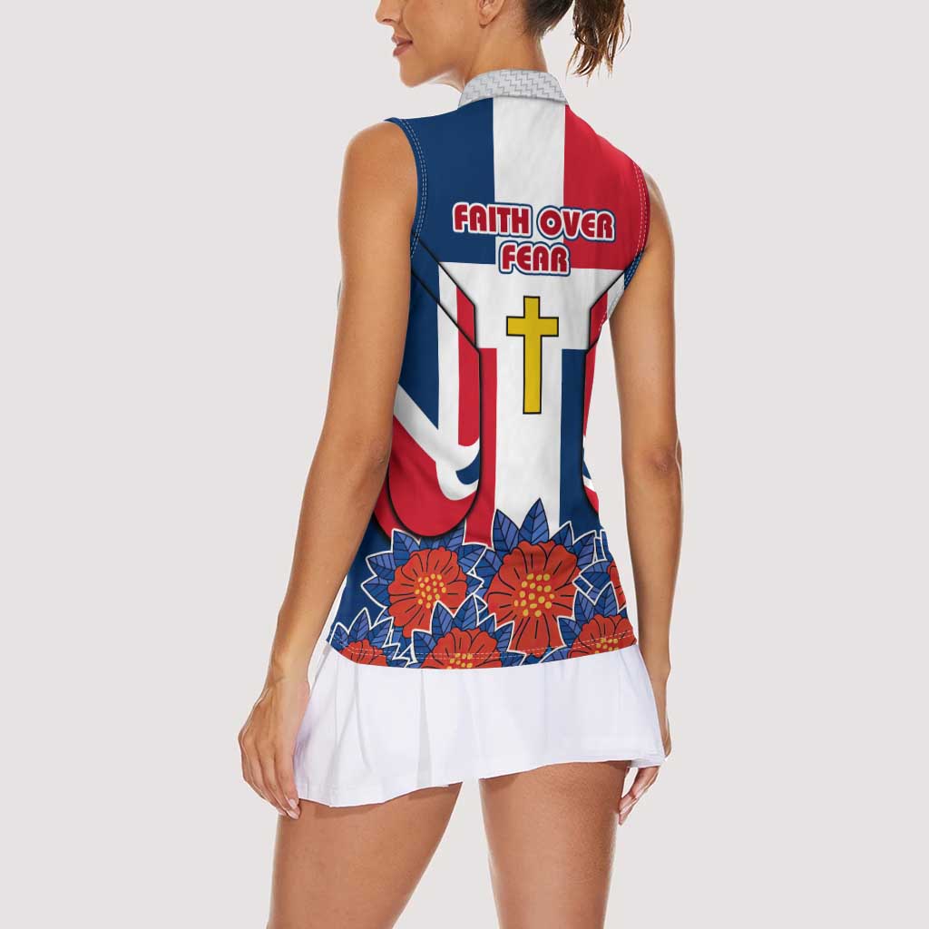 Dominican Republic Flag Women Sleeveless Polo Shirt with Cross and Floral Design Red Blue Pattern - Wonder Print Shop