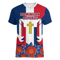 Dominican Republic Flag Women V-Neck T-Shirt with Cross and Floral Design Red Blue Pattern - Wonder Print Shop