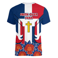 Dominican Republic Flag Women V-Neck T-Shirt with Cross and Floral Design Red Blue Pattern - Wonder Print Shop