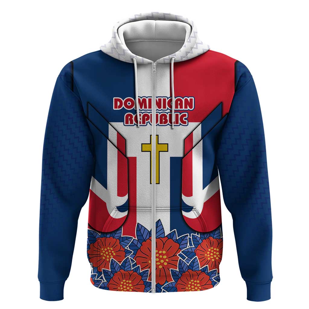 Dominican Republic Flag Zip Hoodie with Cross and Floral Design Red Blue Pattern - Wonder Print Shop