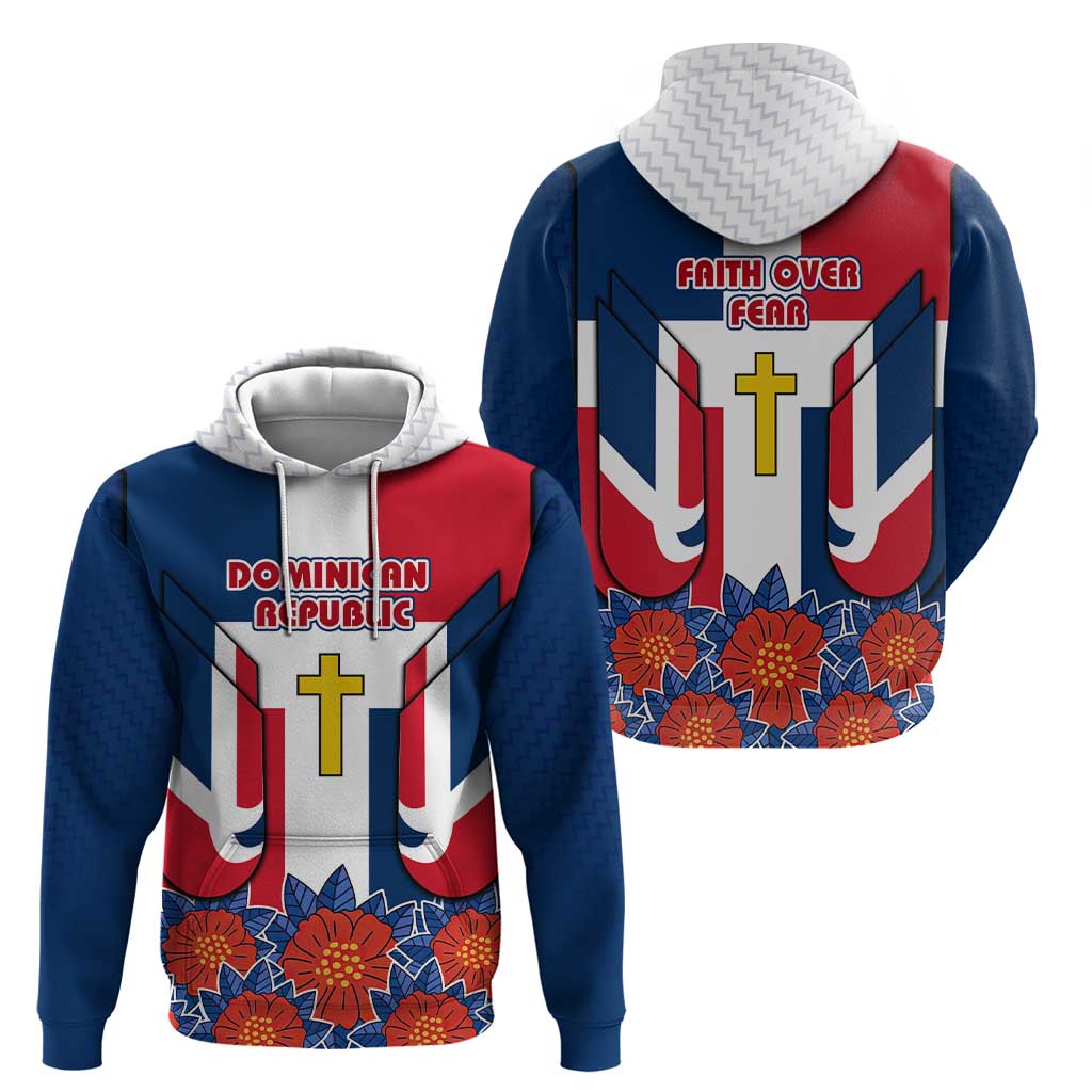 Dominican Republic Flag Zip Hoodie with Cross and Floral Design Red Blue Pattern - Wonder Print Shop