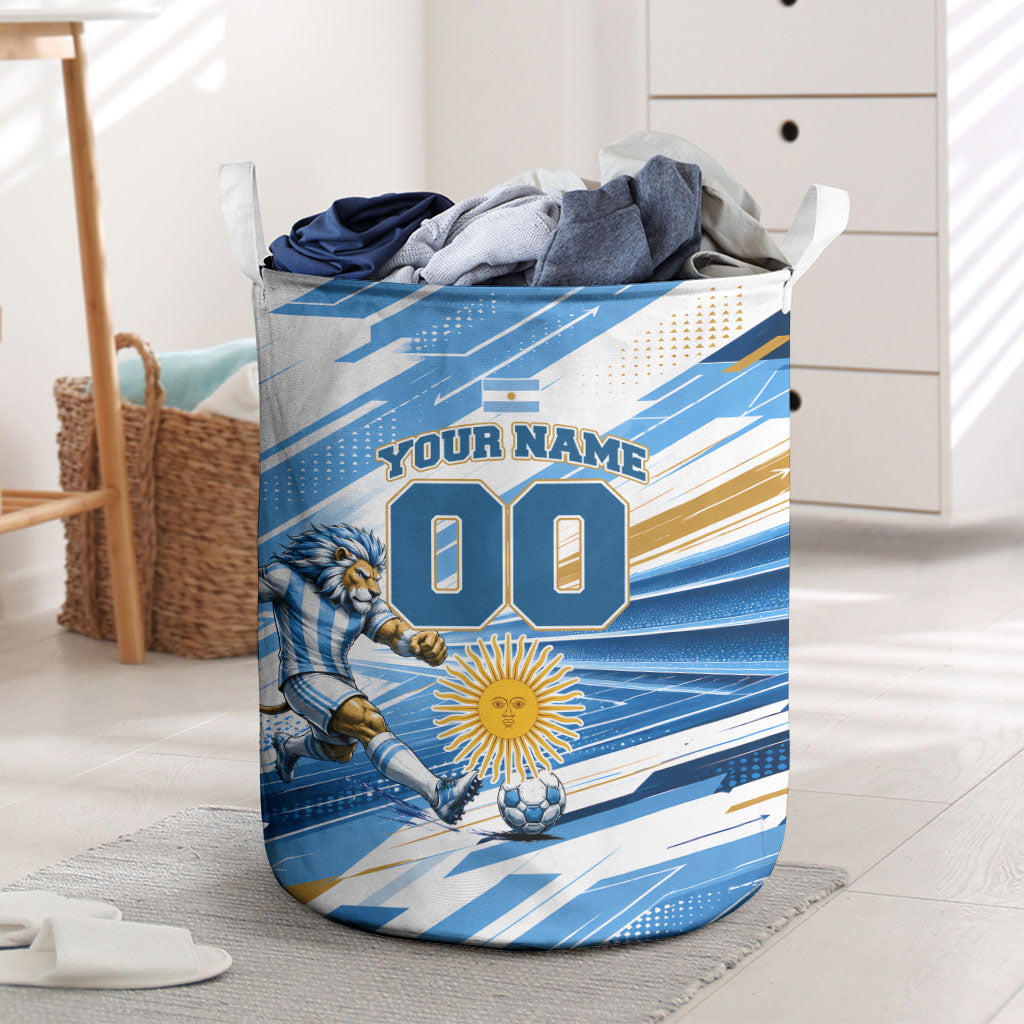 Personalized Argentina Football Champions Laundry Basket Sun Of May Lion Mascot - Style of King