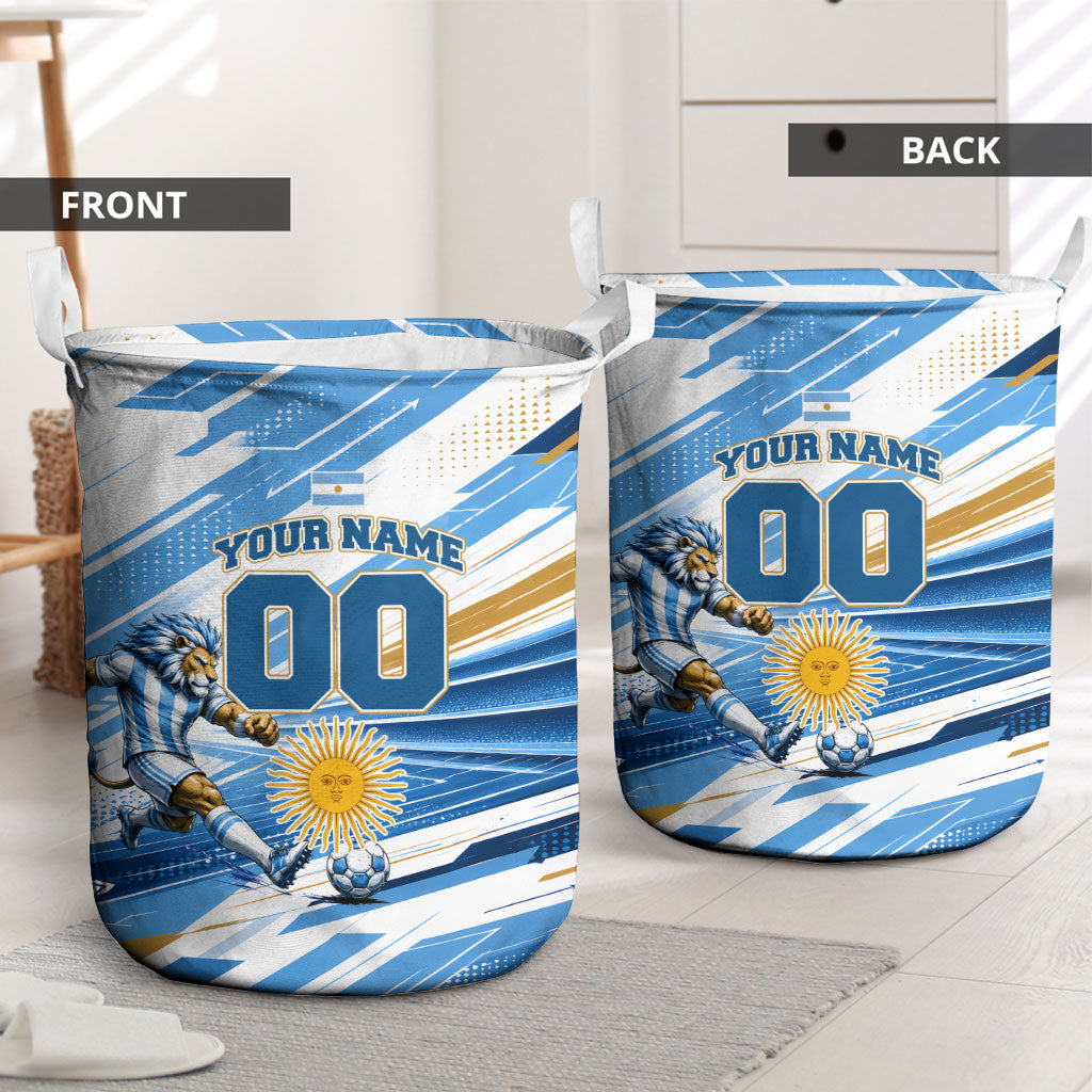 Personalized Argentina Football Champions Laundry Basket Sun Of May Lion Mascot - Style of King