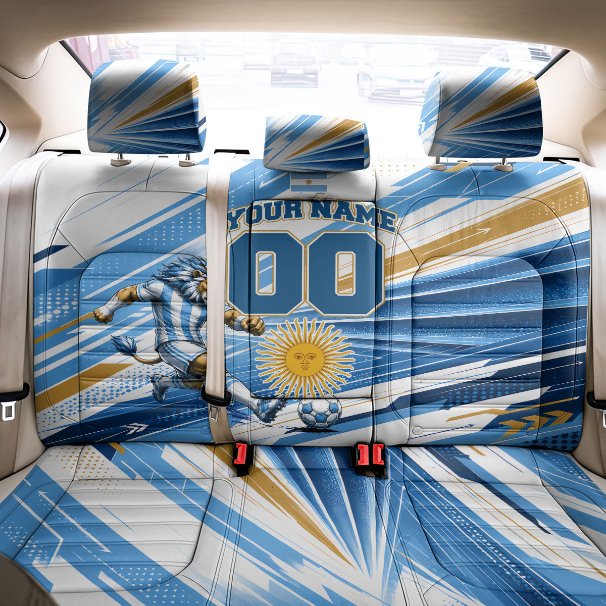 Personalized Argentina Football Champions Back Car Seat Cover Sun Of May Lion Mascot - Style of King