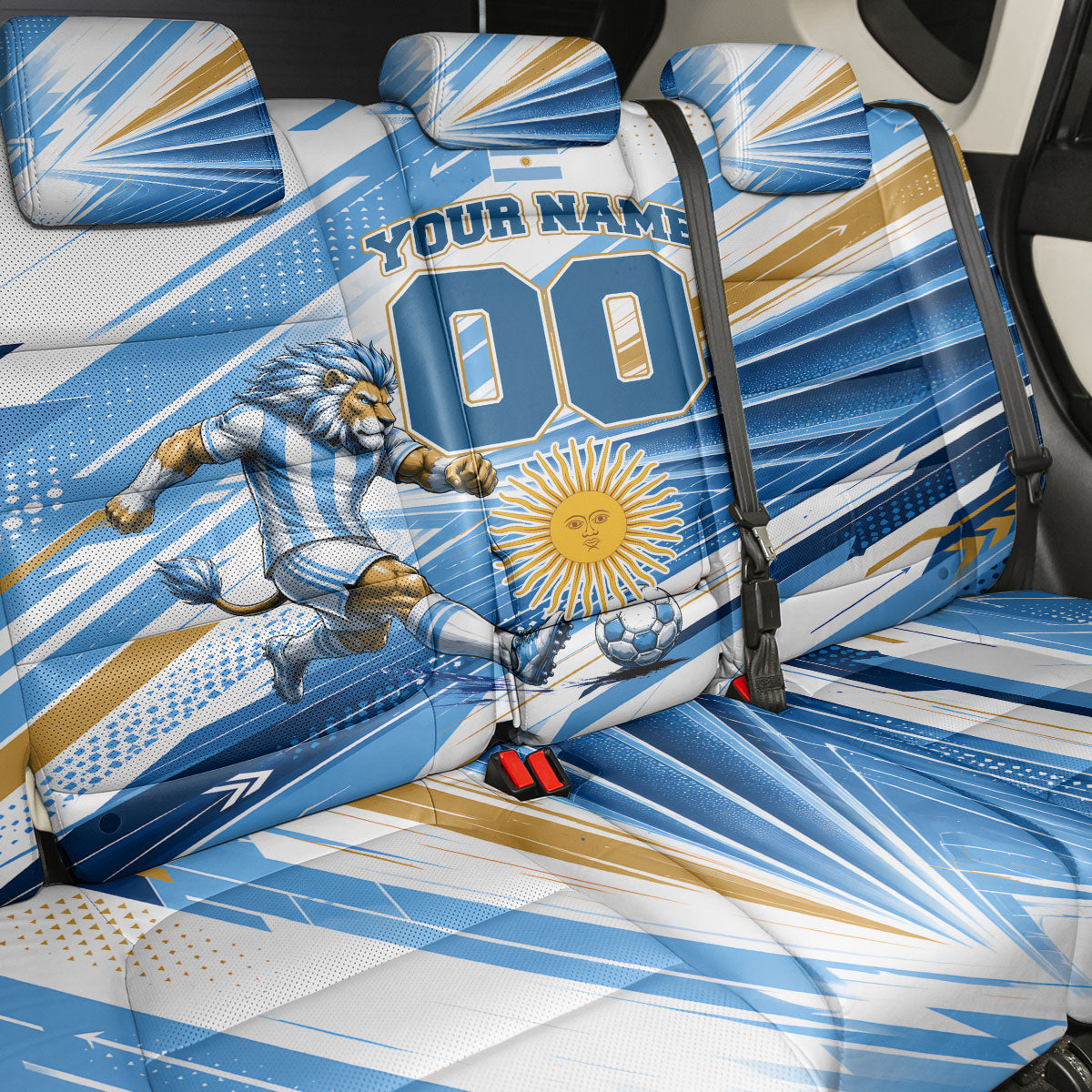Personalized Argentina Football Champions Back Car Seat Cover Sun Of May Lion Mascot - Style of King