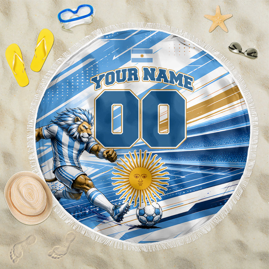 Personalized Argentina Football Champions Beach Blanket Sun Of May Lion Mascot - Style of King