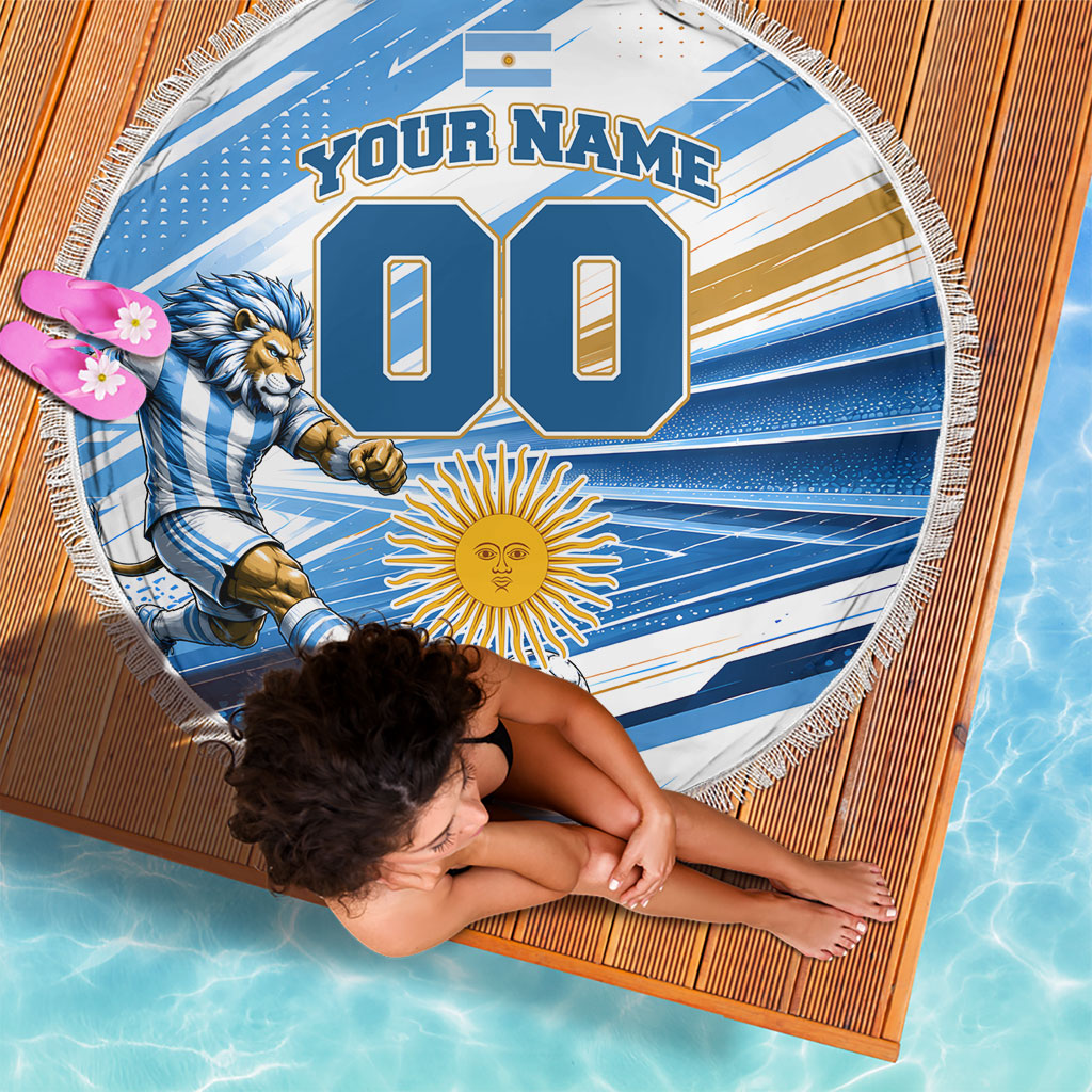 Personalized Argentina Football Champions Beach Blanket Sun Of May Lion Mascot - Style of King