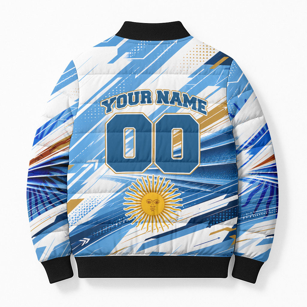 Personalized Argentina Football Champions Bomber Puffer Jacket Sun Of May Lion Mascot - Style of King