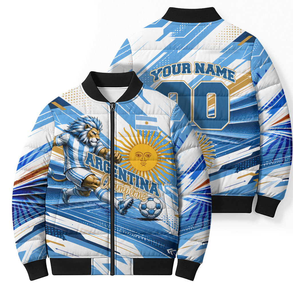 Personalized Argentina Football Champions Bomber Puffer Jacket Sun Of May Lion Mascot - Style of King