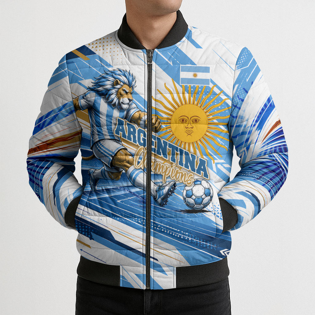 Personalized Argentina Football Champions Bomber Puffer Jacket Sun Of May Lion Mascot - Style of King