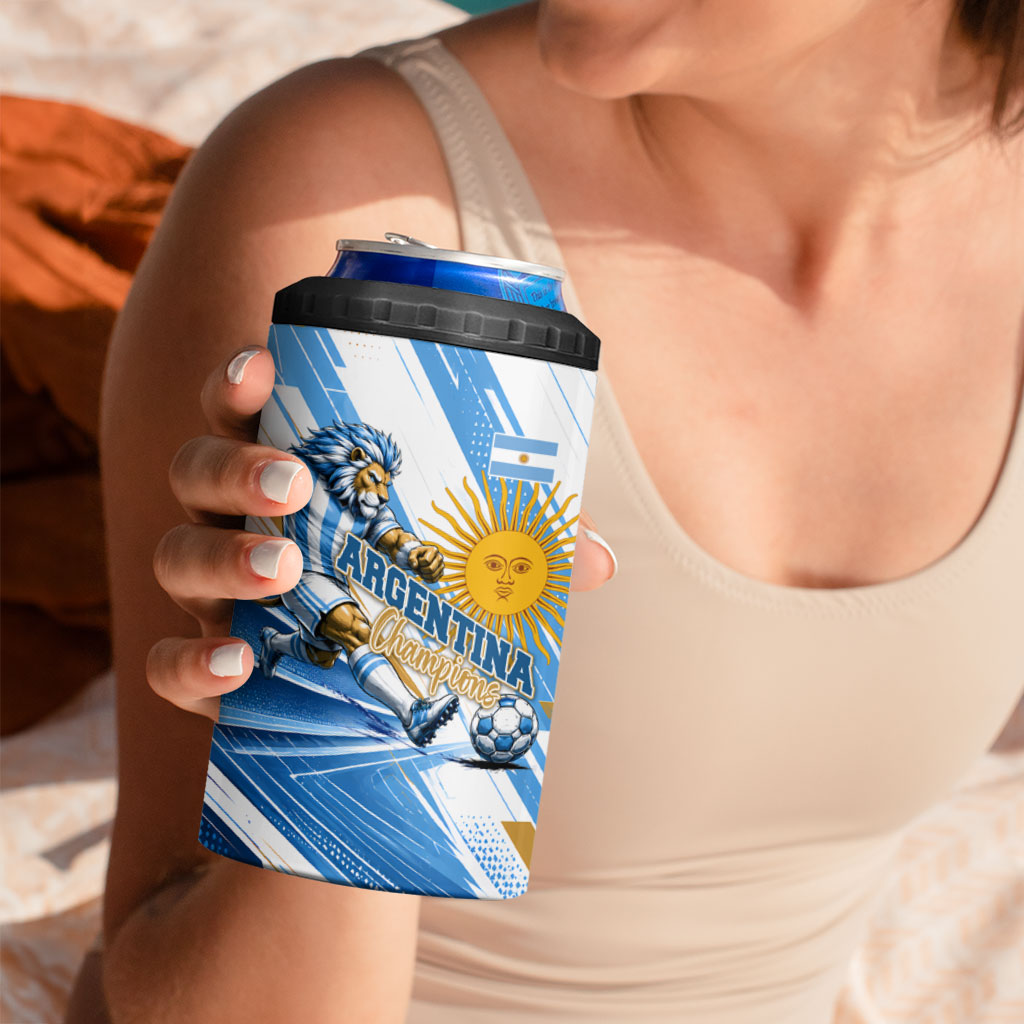Personalized Argentina Football Champions 4 in 1 Can Cooler Tumbler Sun Of May Lion Mascot - Style of King