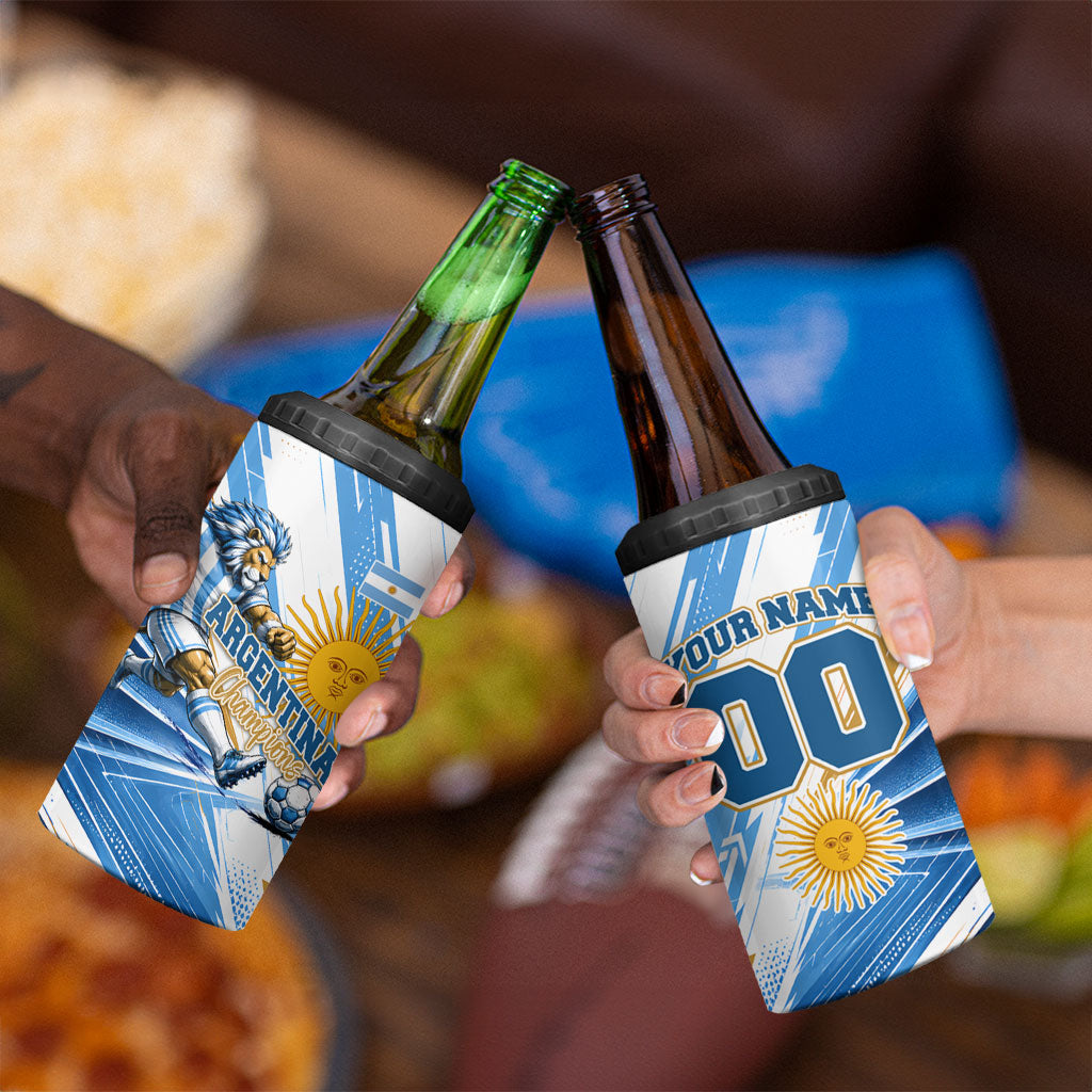 Personalized Argentina Football Champions 4 in 1 Can Cooler Tumbler Sun Of May Lion Mascot - Style of King