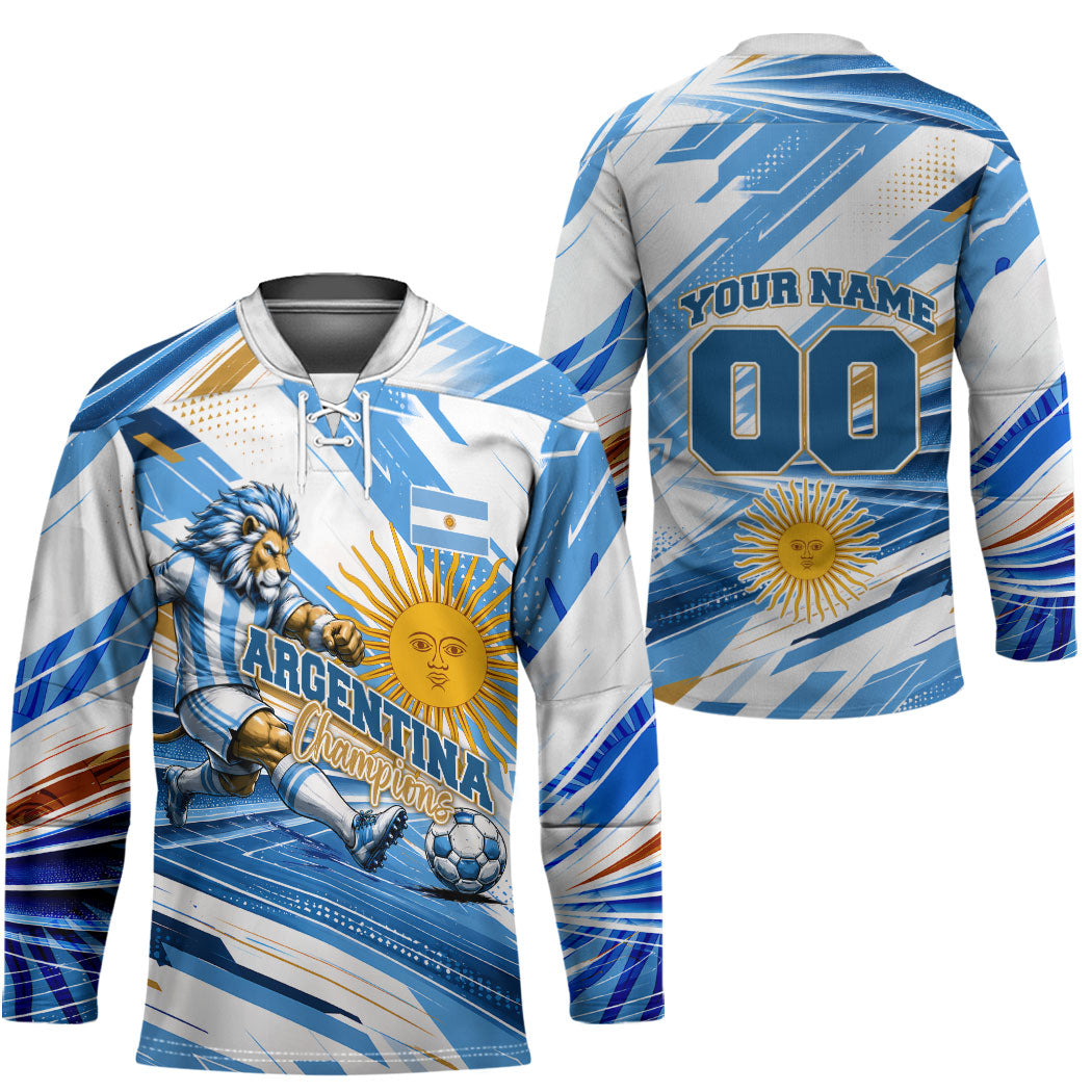 Personalized Argentina Football Champions Hockey Jersey Sun Of May Lion Mascot - Style of King
