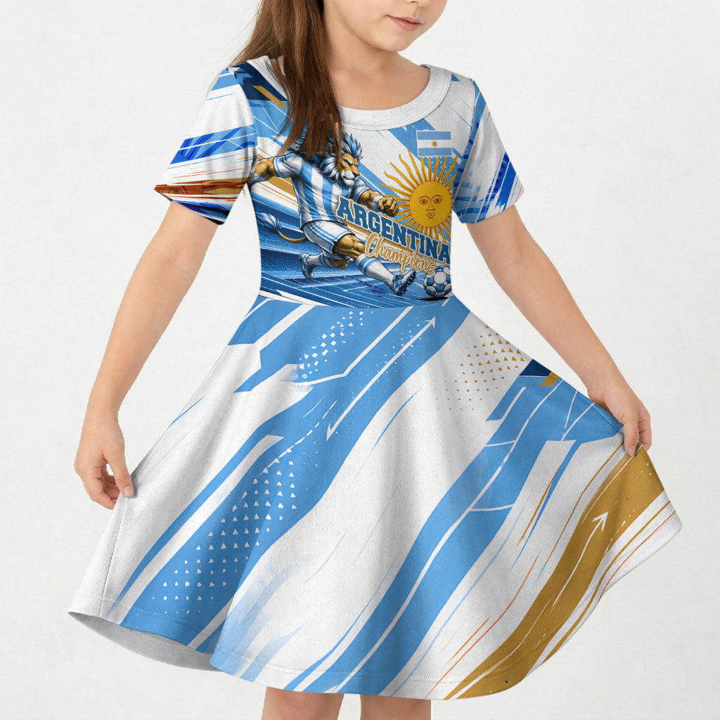 Personalized Argentina Football Champions Kid Short Sleeve Dress Sun Of May Lion Mascot - Style of King