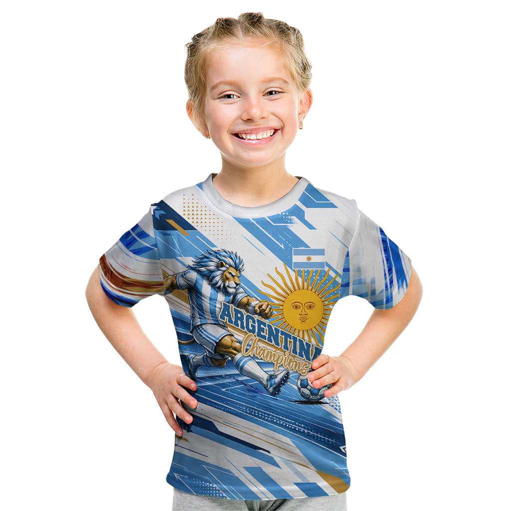 Personalized Argentina Football Champions Kid T Shirt Sun Of May Lion Mascot - Style of King