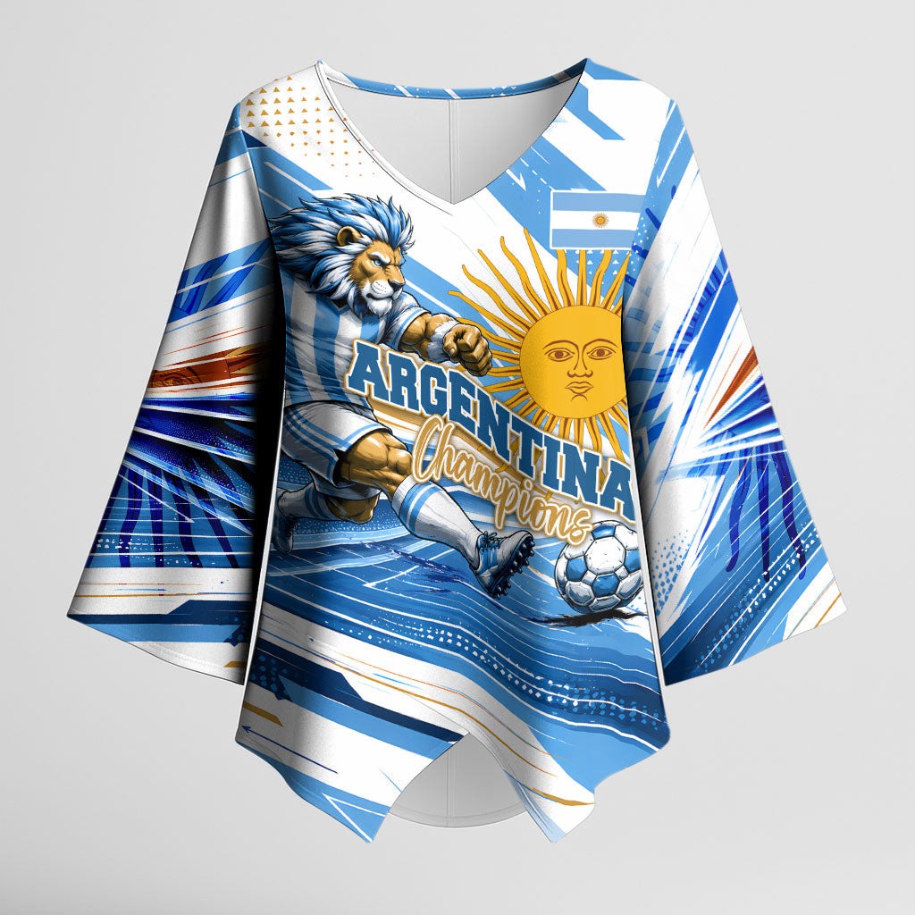 Personalized Argentina Football Champions Kimono Sleeve Blouse Sun Of May Lion Mascot - Style of King