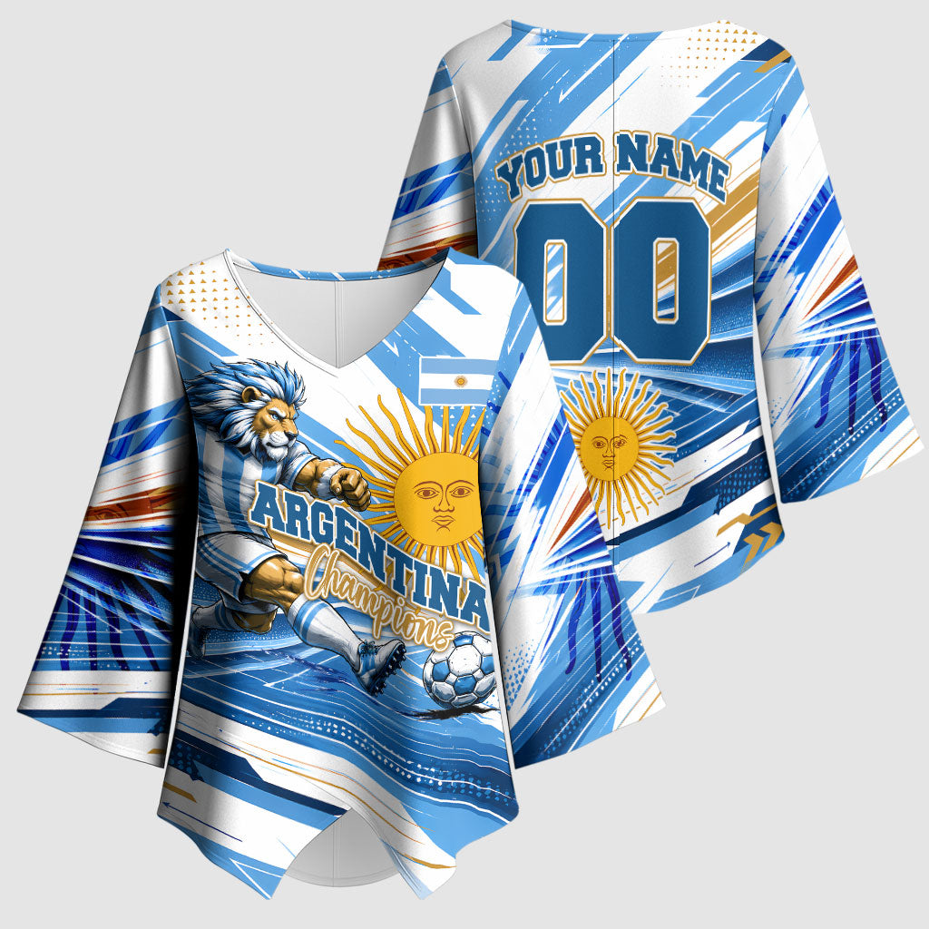 Personalized Argentina Football Champions Kimono Sleeve Blouse Sun Of May Lion Mascot - Style of King