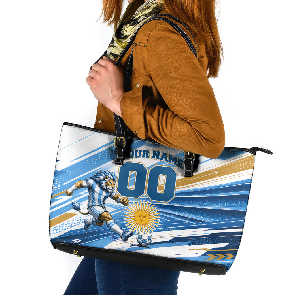 Personalized Argentina Football Champions Leather Tote Bag Sun Of May Lion Mascot - Style of King