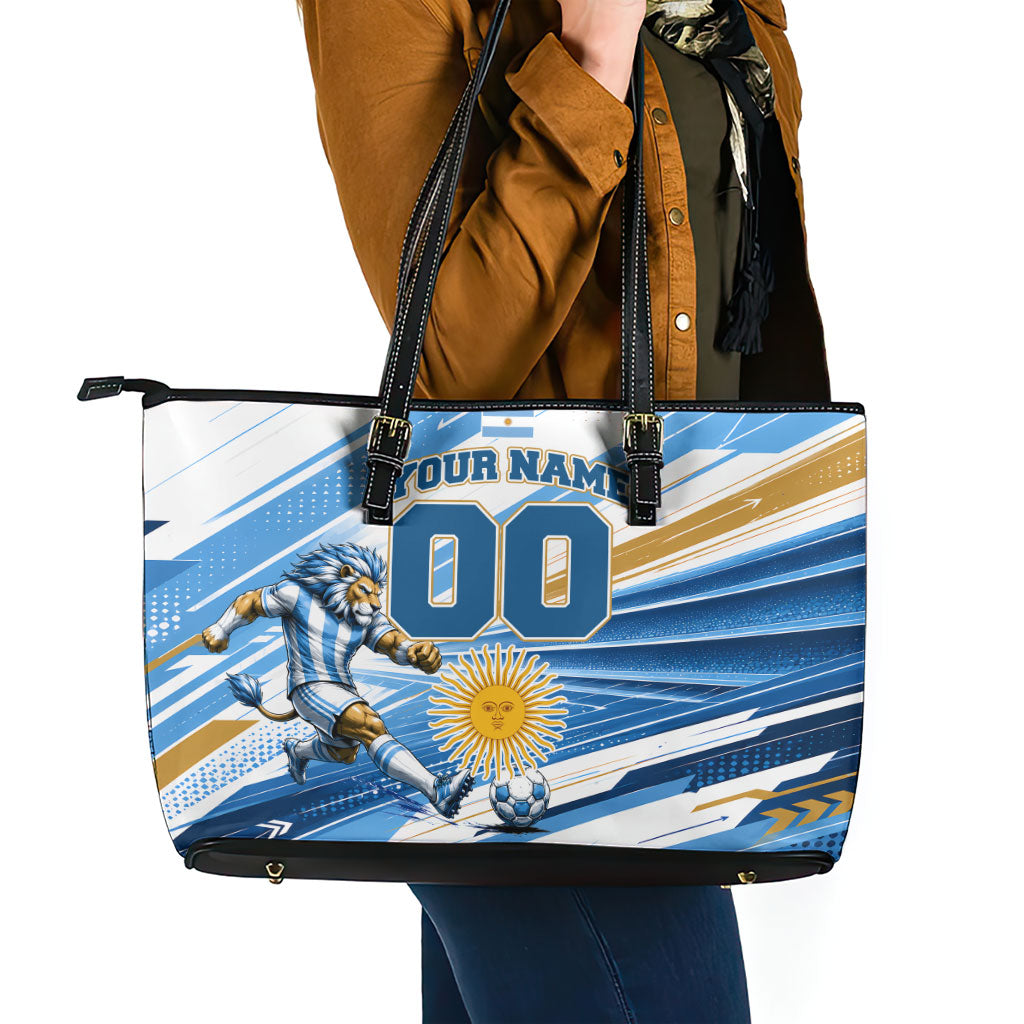 Personalized Argentina Football Champions Leather Tote Bag Sun Of May Lion Mascot - Style of King