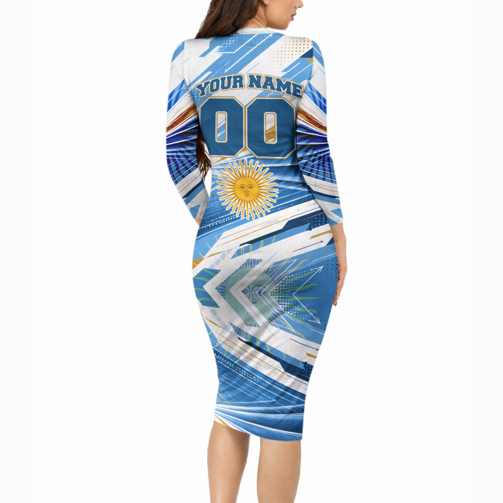 Personalized Argentina Football Champions Long Sleeve Bodycon Dress Sun Of May Lion Mascot - Style of King
