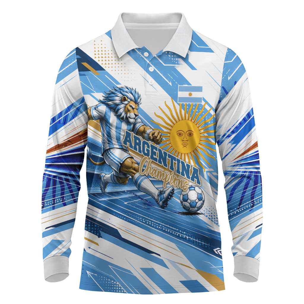 Personalized Argentina Football Champions Long Sleeve Polo Shirt Sun Of May Lion Mascot - Style of King