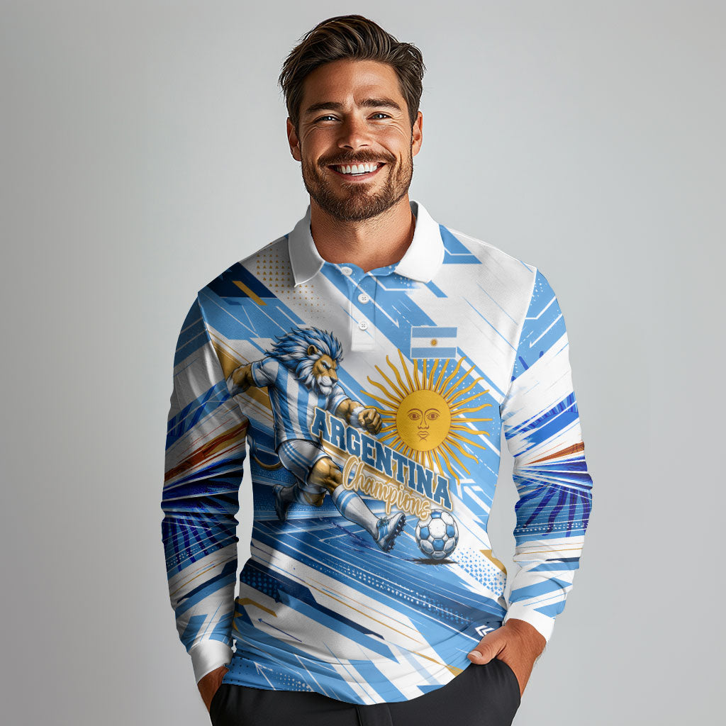 Personalized Argentina Football Champions Long Sleeve Polo Shirt Sun Of May Lion Mascot - Style of King