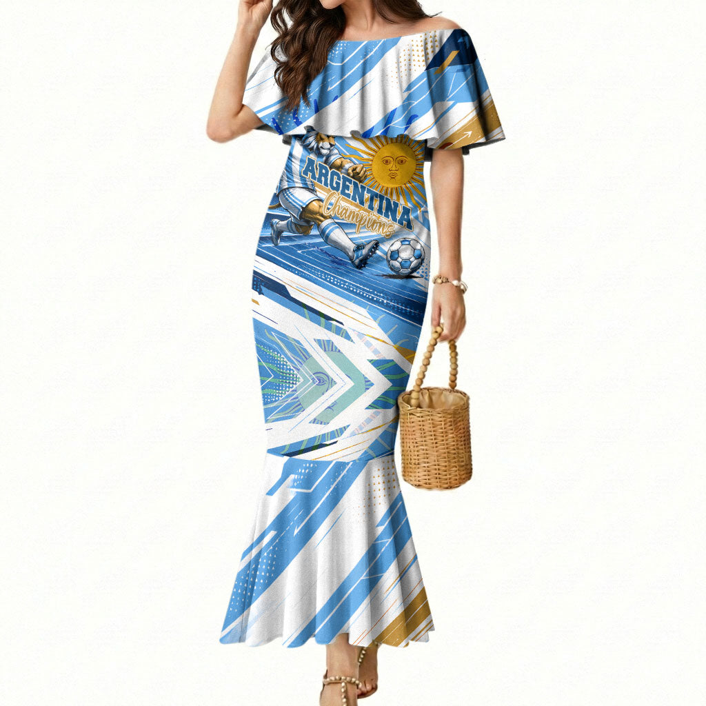 Personalized Argentina Football Champions Mermaid Dress Sun Of May Lion Mascot - Style of King