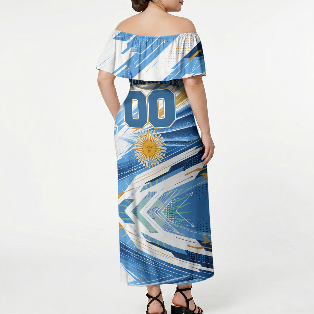 Personalized Argentina Football Champions Off Shoulder Maxi Dress Sun Of May Lion Mascot - Style of King