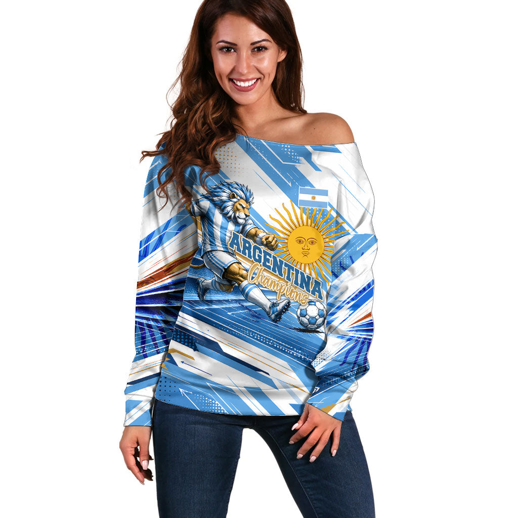 Personalized Argentina Football Champions Off Shoulder Sweater Sun Of May Lion Mascot - Style of King