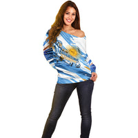 Personalized Argentina Football Champions Off Shoulder Sweater Sun Of May Lion Mascot - Style of King