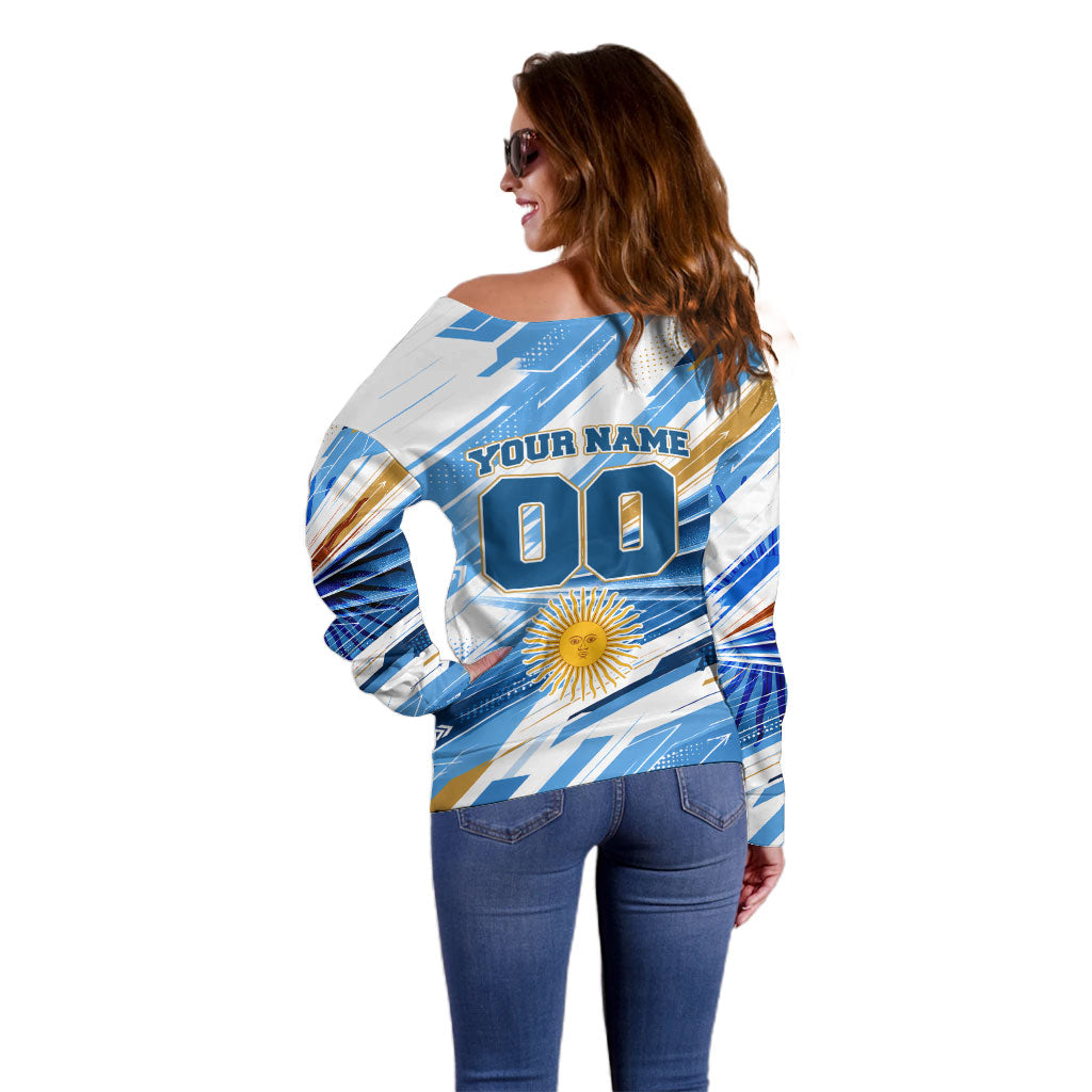 Personalized Argentina Football Champions Off Shoulder Sweater Sun Of May Lion Mascot - Style of King