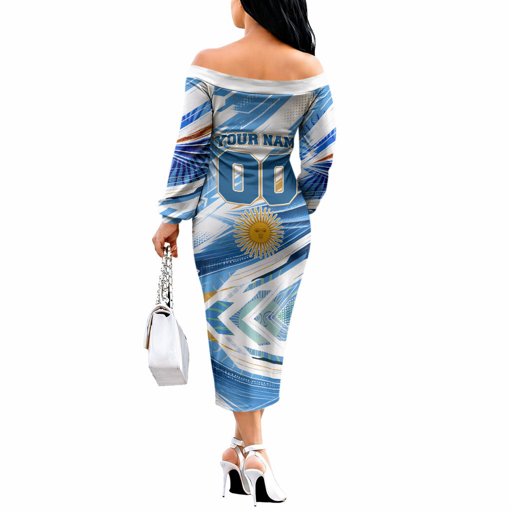 Personalized Argentina Football Champions Off The Shoulder Long Sleeve Dress Sun Of May Lion Mascot - Style of King
