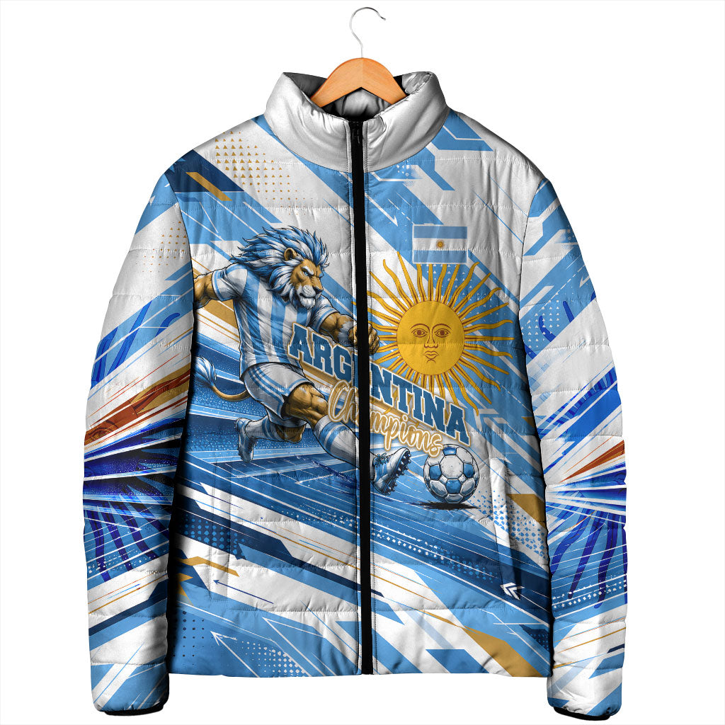 Personalized Argentina Football Champions Padded Jacket Sun Of May Lion Mascot - Style of King