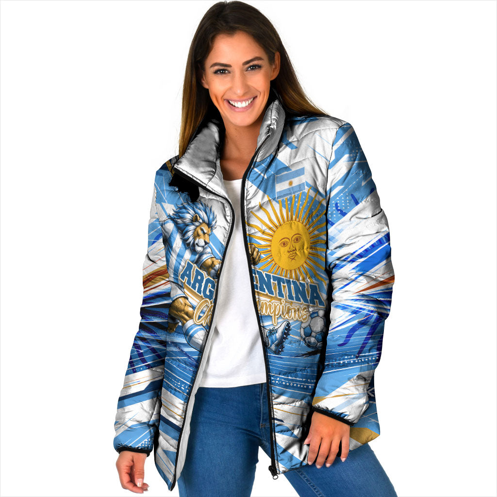 Personalized Argentina Football Champions Padded Jacket Sun Of May Lion Mascot - Style of King