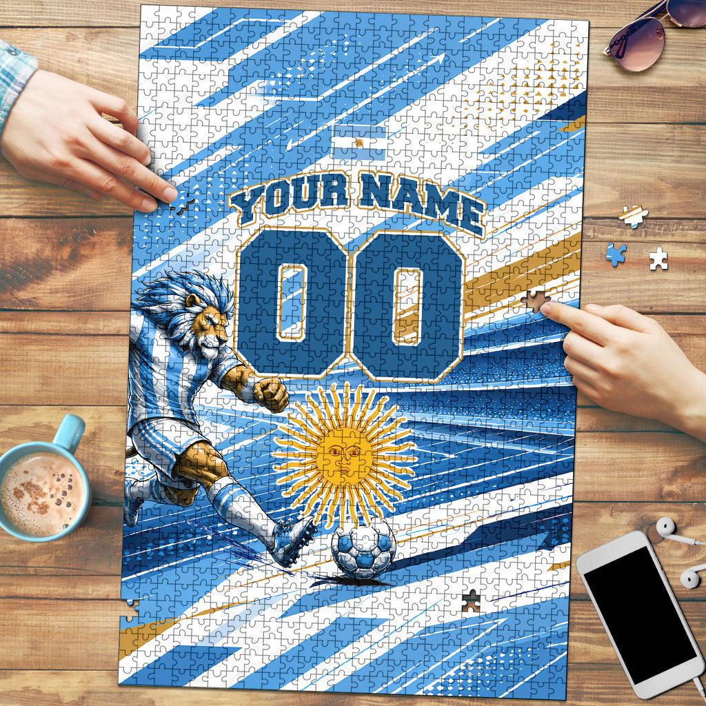 Personalized Argentina Football Champions Puzzle Sun Of May Lion Mascot - Style of King