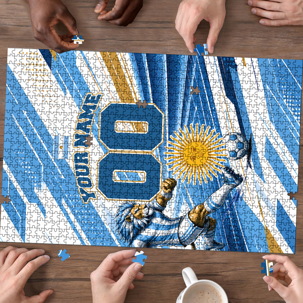 Personalized Argentina Football Champions Puzzle Sun Of May Lion Mascot - Style of King
