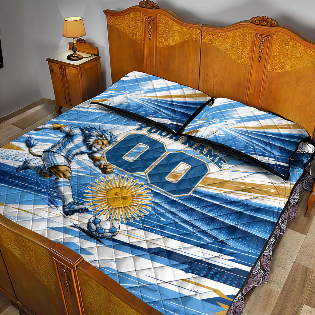Personalized Argentina Football Champions Quilt Bed Set Sun Of May Lion Mascot - Style of King