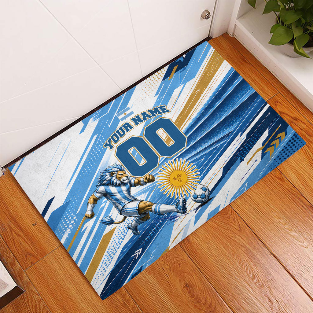 Personalized Argentina Football Champions Rubber Doormat Sun Of May Lion Mascot - Style of King