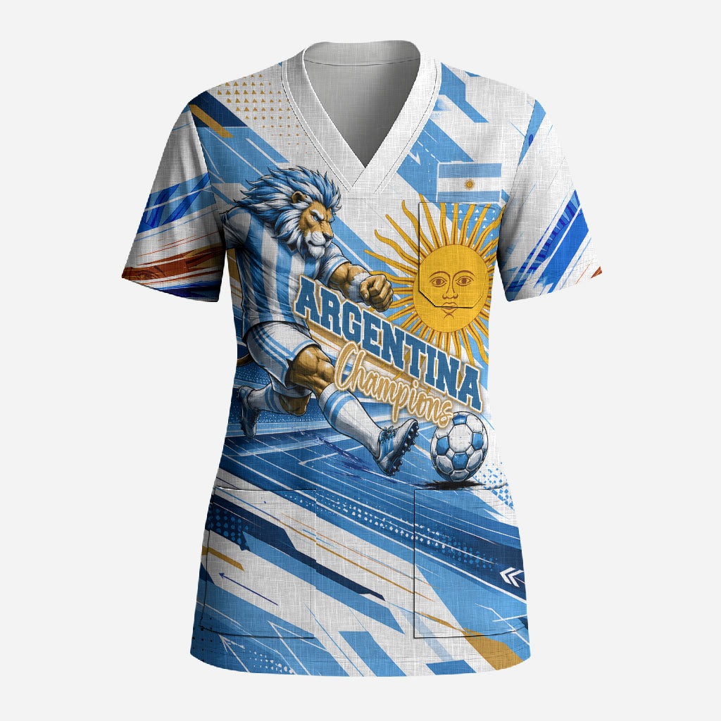 Personalized Argentina Football Champions Scrub Top Sun Of May Lion Mascot - Style of King