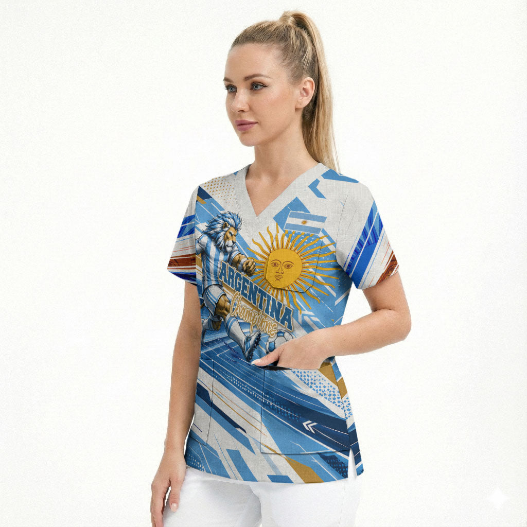 Personalized Argentina Football Champions Scrub Top Sun Of May Lion Mascot - Style of King
