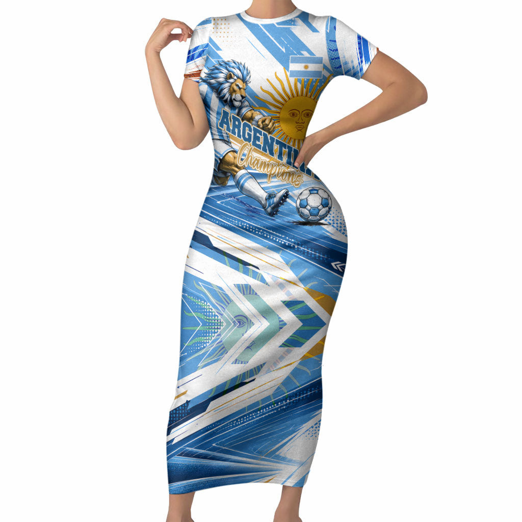 Personalized Argentina Football Champions Short Sleeve Bodycon Dress Sun Of May Lion Mascot - Style of King