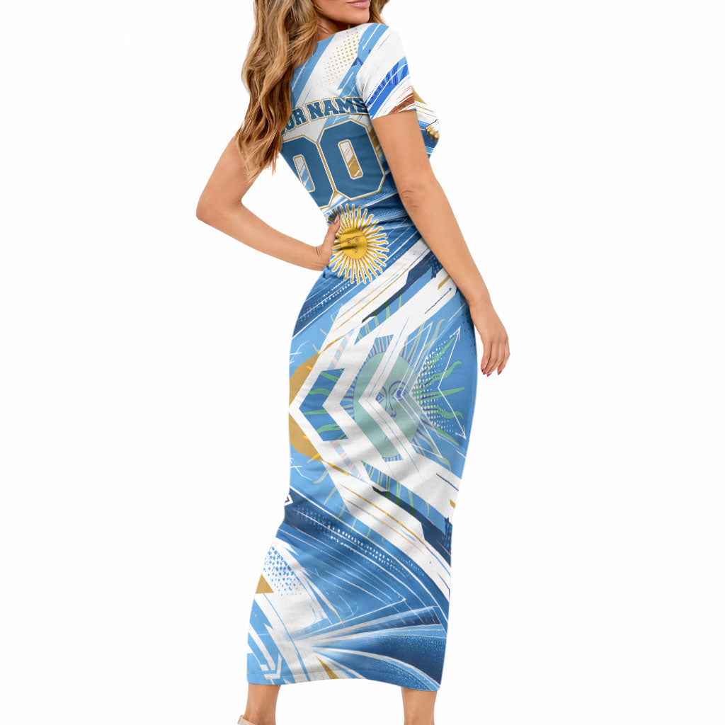 Personalized Argentina Football Champions Short Sleeve Bodycon Dress Sun Of May Lion Mascot - Style of King