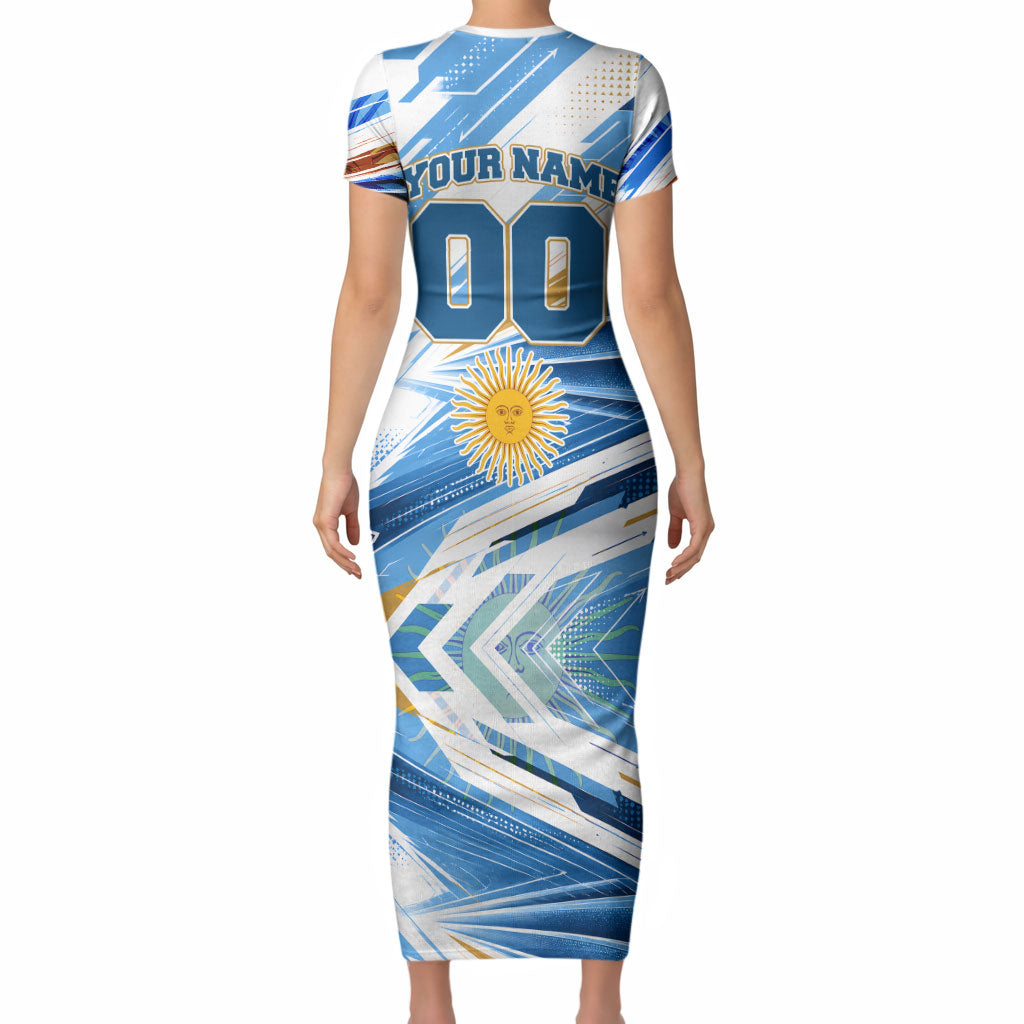 Personalized Argentina Football Champions Short Sleeve Bodycon Dress Sun Of May Lion Mascot - Style of King