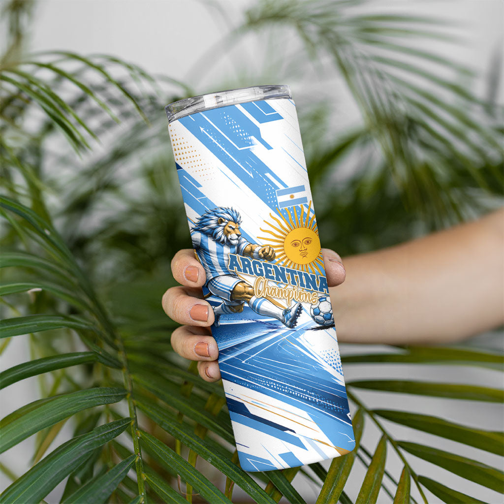 Personalized Argentina Football Champions Skinny Tumbler Sun Of May Lion Mascot - Style of King
