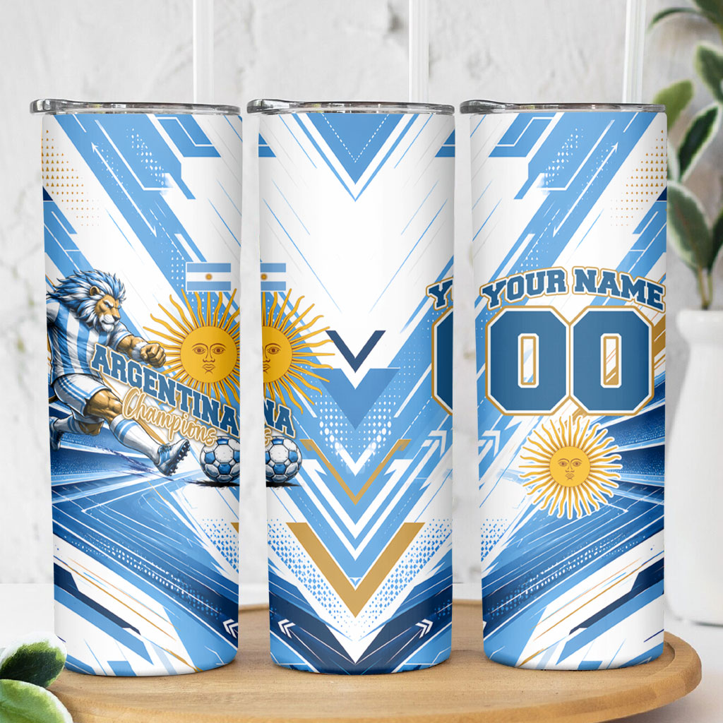 Personalized Argentina Football Champions Skinny Tumbler Sun Of May Lion Mascot - Style of King