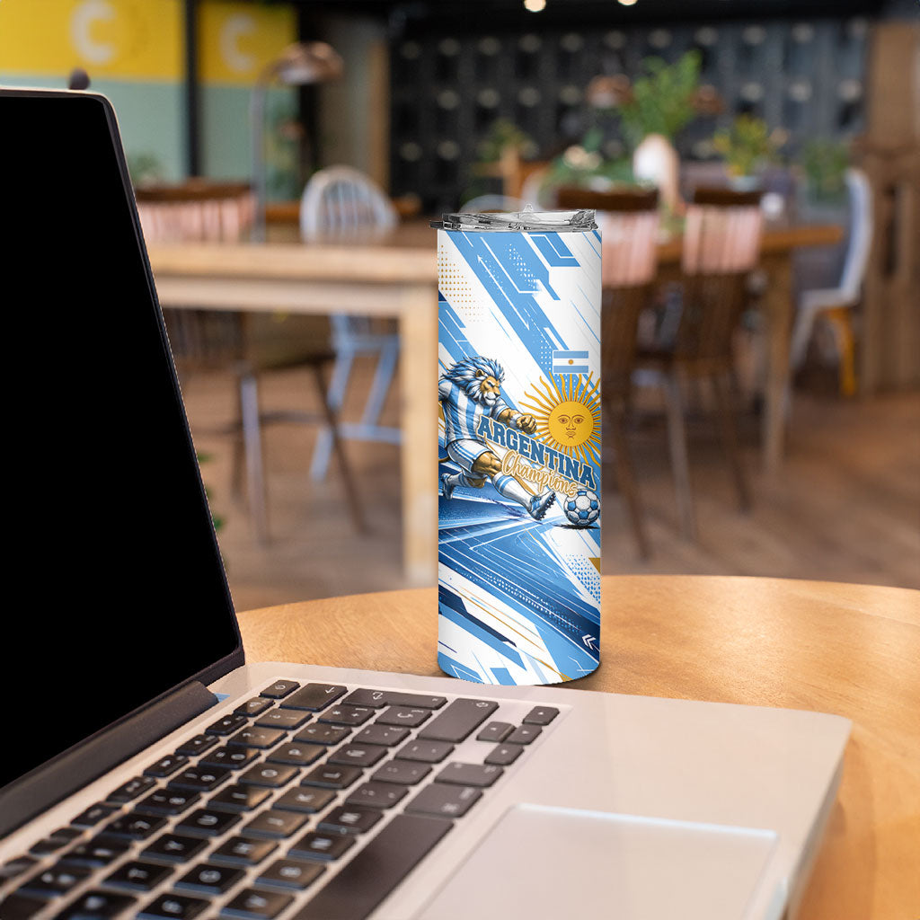 Personalized Argentina Football Champions Skinny Tumbler Sun Of May Lion Mascot - Style of King