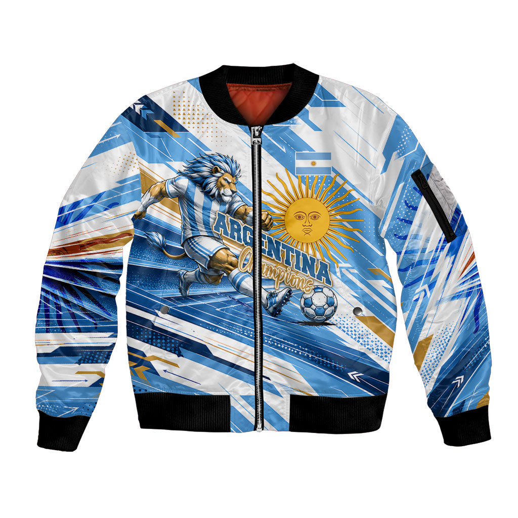 Personalized Argentina Football Champions Sleeve Zip Bomber Jacket Sun Of May Lion Mascot - Style of King